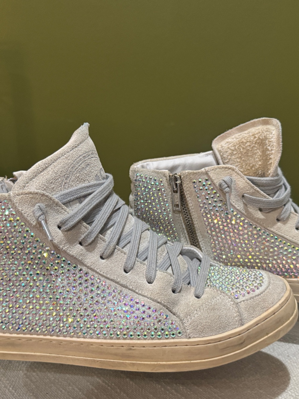 P448 Grey Suede High-Top Sneakers with Iridescent Rhinestones